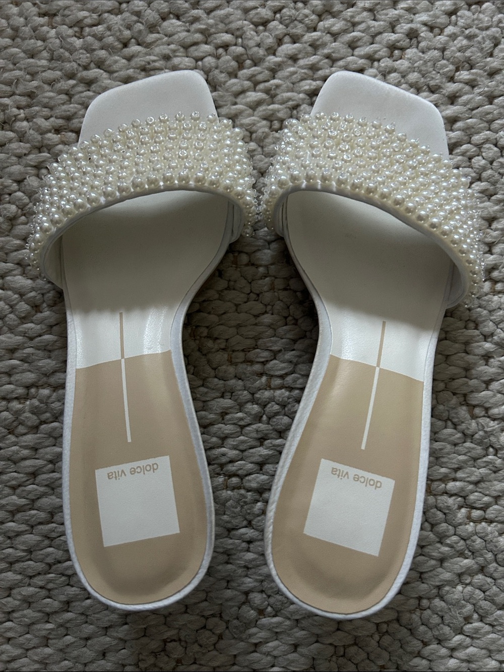 Dolce Vita White Pearl-Embellished Slide Sandals